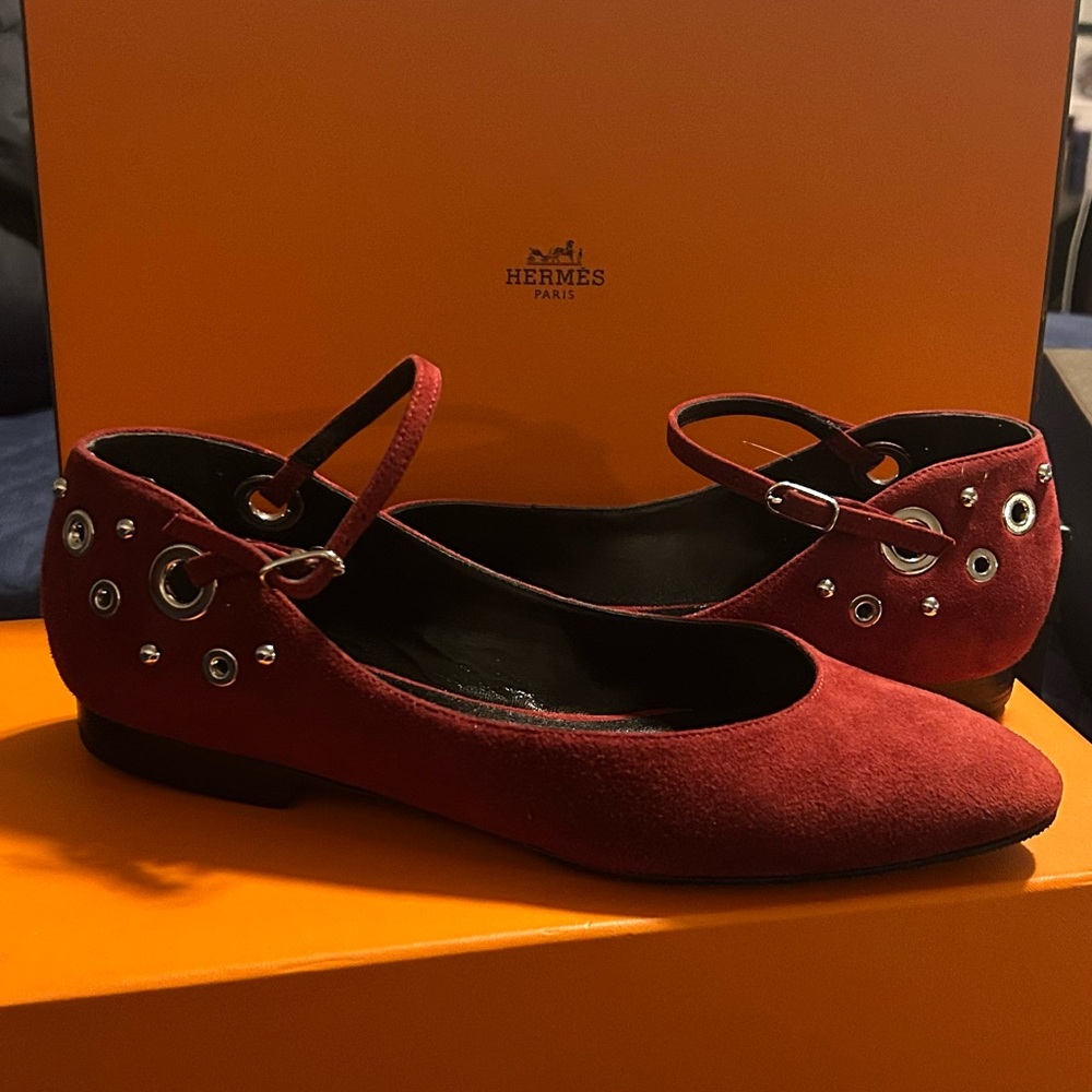 Hermes Jane Ballerina Flats suede Burgundy